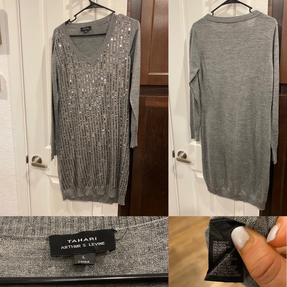 Tahari Wool Blend Sequin Sweater Dress – Gray, Size L